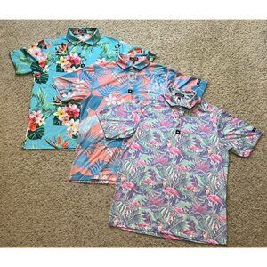 Bad Birdie Tropical Floral Print Golf Performance Polo Shirt Lot Size Medium EUC